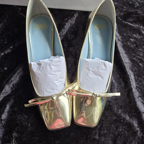 Frances Valentine Mary Mini Block Gold Heels with Bow - Picture 1 of 5